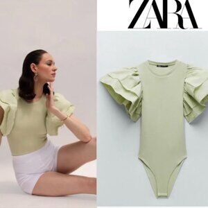 Zara Pistachio Green Ruffle Sleeve Ribbed Bodysuit